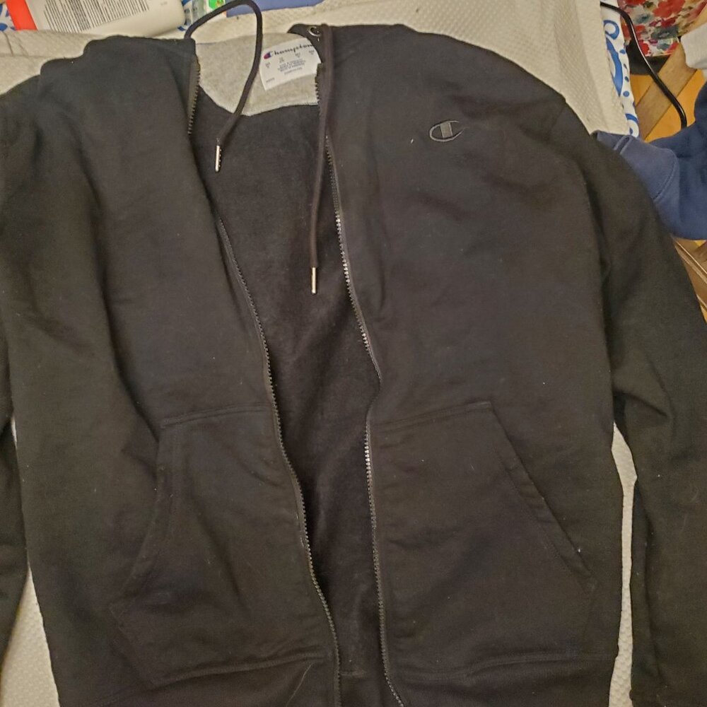 Champion Black Full Zip Hoodie Medium Classic Logo Sweatshirt